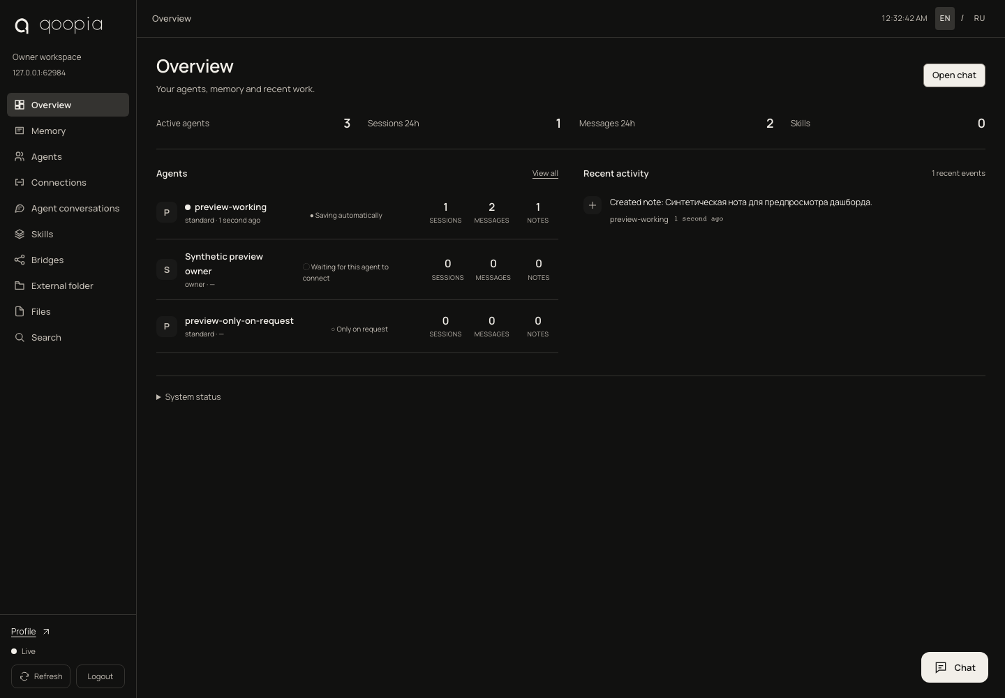 Qoopia overview with synthetic demonstration data